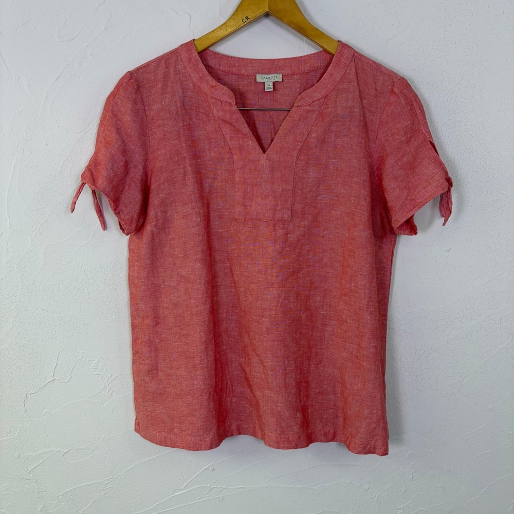 Talbots Linen Blend Short Sleeve Top Women SP Red V Neck Tie Sleeve Coastal